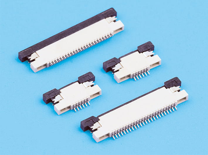 0.7mm pitch 1.2mm height flat flexible cable fpc connectors, zif r/a upper contact, pcb mount, easy-to-use, reliable contact, space-saving design